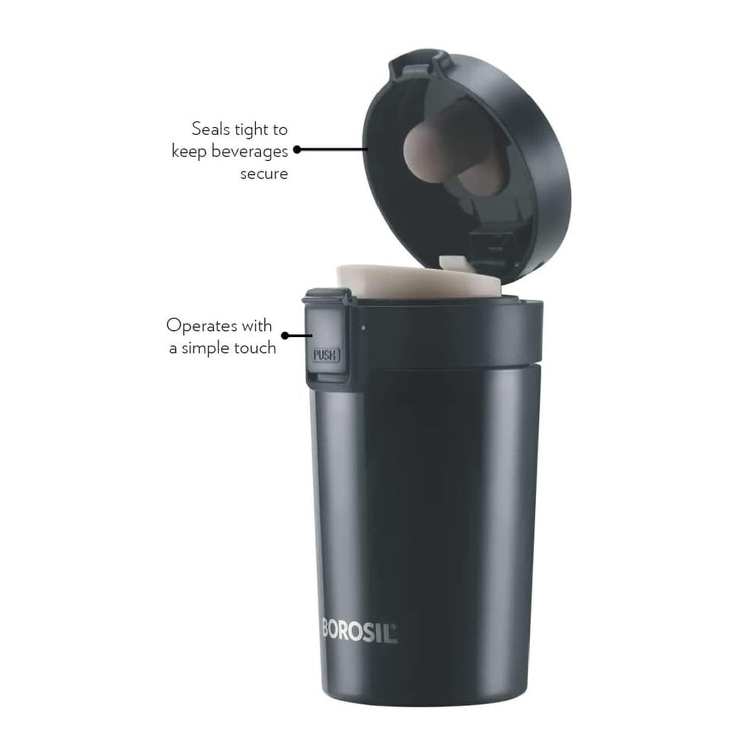 Borosil - vacuum insulated Hydra Coffeemate stainless Steel travel mug - spill proof - hot and cold_BT300BLK110_300ml - Image 4