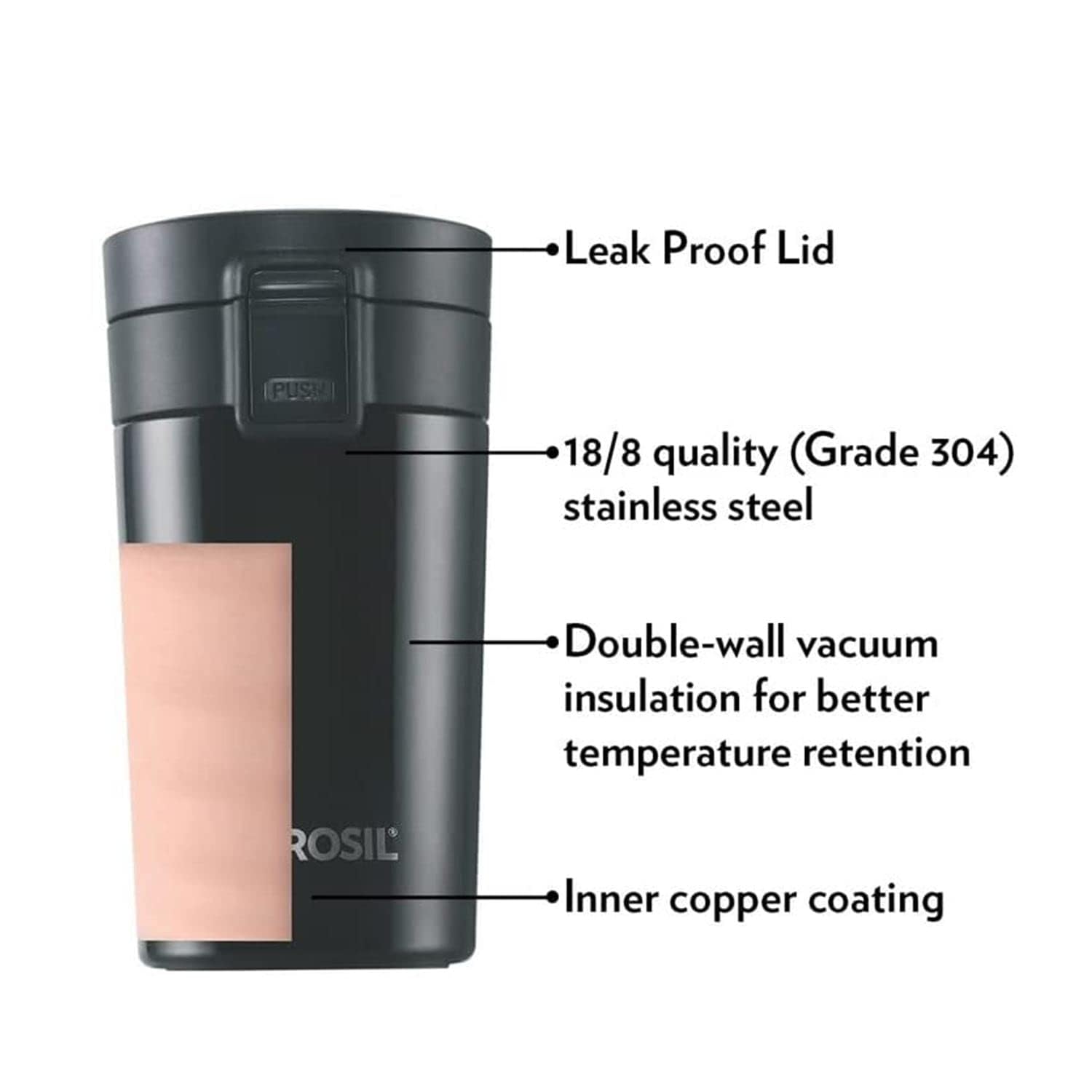 Borosil - vacuum insulated Hydra Coffeemate stainless Steel travel mug - spill proof - hot and cold_BT300BLK110_300ml - Image 3