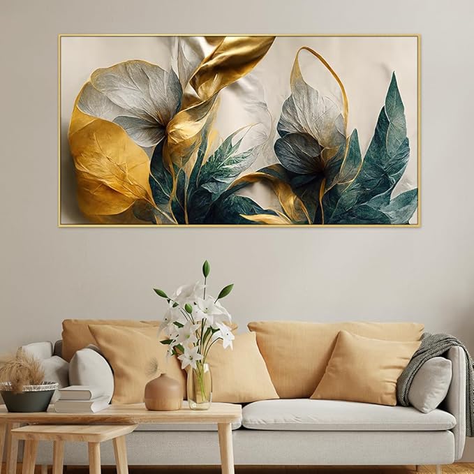 DEKORSTATION Canvas Floral Painting for Bedroom Living Room Wall Decoration Abstract Elegant Golden Flower Floating Frame Wall Paintings for Home and Office DΓ©cor Size : 24x48 Inches