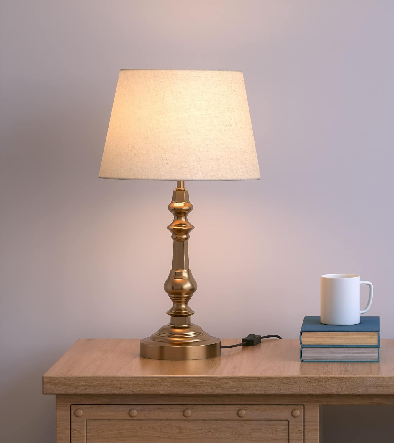 Divine Trends LED, Incandescant, CFL, Smart Bulbs Table Lamp Brass Antique Gold Finish With Off White 12 Inches Lampshade For Bedside, Bedroom, Living Room, Home Decoration, Hotel Pack Of 1